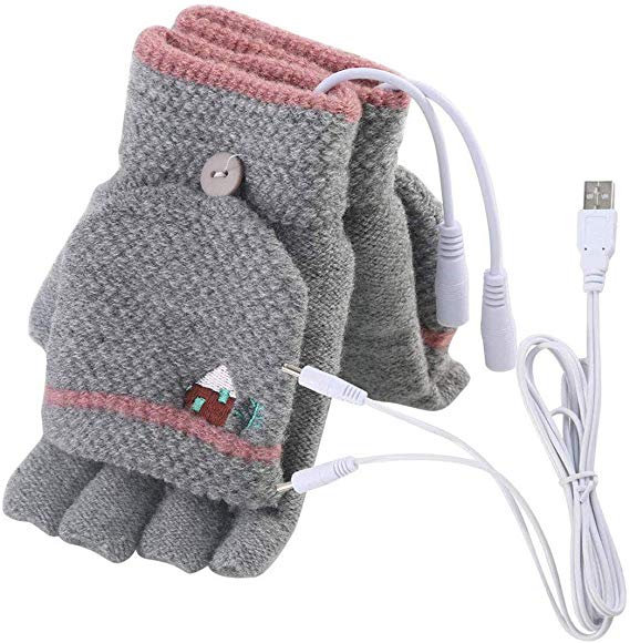 USB Heated Gloves, Mitten Winter Warm Laptop Gloves for Women Men Full & Half Hands Heated Fingerless Heating Knitting Hands Warmer (Women Grey)