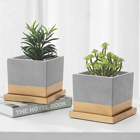 MyGift 5 Inch Mini Square Cement & Gold-Tone Accent Planters with Drip Trays, Set of 2