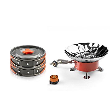 Camping Cookware Kit with Mini Camping Stove - ODOLAND Camping Cookware Kit Best 1-2 Person Pot Pan Kit for Outdoor Backpacking Gear & Hiking Cooking Equipment