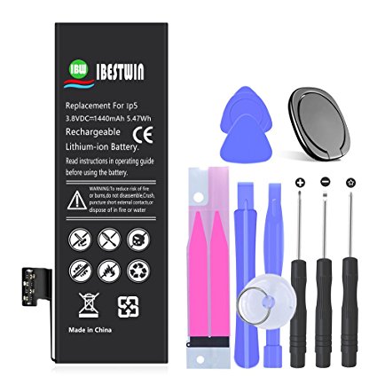 IBESTWIN Battery Model iP5, 3.8V 1410mAh Battery for iPhone 5 with Replacement Tool Kits, Adhesive Strip and Instruction - 2 Years Warranty