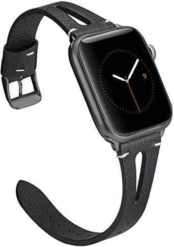 Wearlizer Black Leather Compatible with Apple Watch Bands 38mm 40mm for iWatch Womens Mens Special Straps Triangle Hole Wristband Sport Replacement Bracelet (Metal Black Buckle) Series 5 4 3 2 1