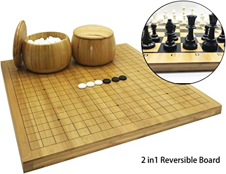 Mose Cafolo 2in1 Go Game Set & Chess Game Set with Reversible Bamboo Go Board | Measures 17.5 x 18.5 " Includes Bamboo Bowls,Yun Zi (云子)Bakelite Stones,Chessman- Classic Asian Strategy Board Game