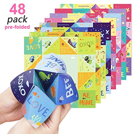 Unomor 48 Pack Valentines Day Cootie Catcher Cards Game with 8 Designs Pre-folded Cards for Kids School Games Classroom Exchange Valentines Day Gift Party Favors, Envelopes Included