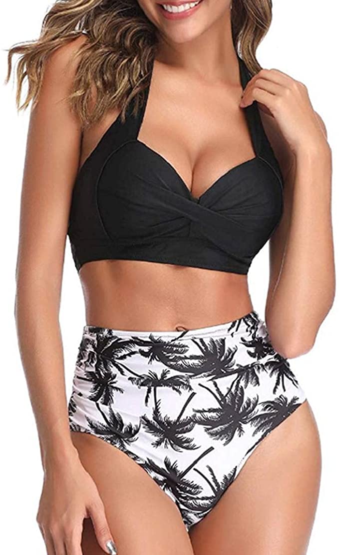 CMTOP Vintage Bikinis for Women Bathing Suits Ruched High Waisted Bikini Bottoms with Crop Top Swimsuits Swimsuit Top High Waist Halter Swimwear Two Pieces Bathing Suits Wrap Bikini Sets
