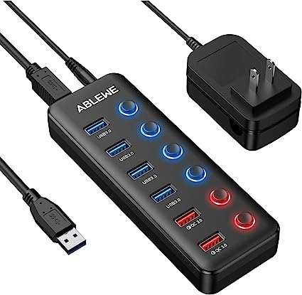 Powered USB 3.0 Hub, ABLEWE 6-Port USB Data Hub(12V/3A)with 2*QC 3.0(36W)Fast Charging Ports and 4*USB 3.0 Ports, Individual LED On/Off Switches, AC Adapter, USB Hub for Mac,Windows,Chrome & Linux OS