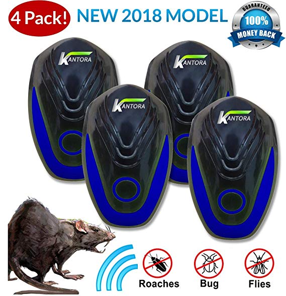 Kantora Ultrasonic Pest Repellent - 2018 Best Model Pest Repeller Plug to Control Rats, Insects, Mice, Spiders, Fleas, Roaches, Bed Bugs, Mosquitoes - Baby, Pet Safe & Non Toxic (Blue 4 Pack)