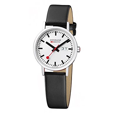 Mondaine Men's Classic 36mm Big Date Watch with Stainless Steel Polished Case White Dial and Black Leather Strap A627.30314.11SBO