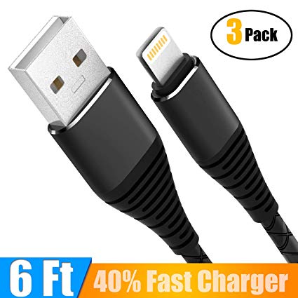 3Pack 6ft Charger Cable CABEPOW for Long 6 Foot iPhone Charging Cord/Data Sync Fast iPhone USB Charging Cable Cord Compatible with iPhone X/8/8 Plus/7/7 Plus/6/6s Plus/5s/5, iPad Mini/Air (Black)