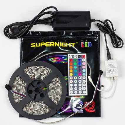 SUPERNIGHT 5-Meter Waterproof Flexible Color Changing RGB SMD5050 300 LEDs Light Strip Kit with 44 Key Remote and 12V 5A Power Supply