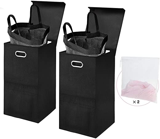 Greenstell Single Laundry Hamper with Lid and Oval Handles for Easy Movement, Foldable Grid Laundry Hamper Basket with Mesh Pockets Used in Bedrooms, Laundry Room and Balconies Black (Two Packs)