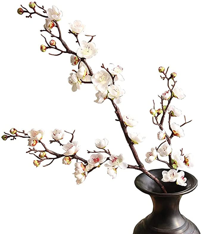 FightingFly 4Pcs Artificial Cherry Blossom Flowers, 37” Plum Blossom Peach Branches Silk Tall Fake Flower Arrangements for Home Wedding Centerpieces Decoration, White