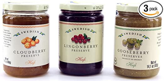 Hafi Variety Pack Preserves Lingonberry, Wild Cloudberry, Gooseberry 14.1-ounce Jars (Pack of 3)