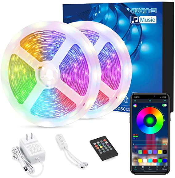AWANFI LED Strip Lights, 50ft 15m RGB Color Changing Music Sync LED Lights Strip with Remote, APP Bluetooth Control and 12V Power Supply for Bedroom TV Room Decor, Non-Waterproof