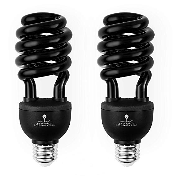 2 Pack BlueX CFL UV Blacklight Bulb 24W – 100-Watt Equivalent – E26 Spiral Replacement Bulbs - Black Light Bulb Decorative Illumination - for Indoor or Outdoor – DJ, Aquarium UV Bulbs Glow Bulbs