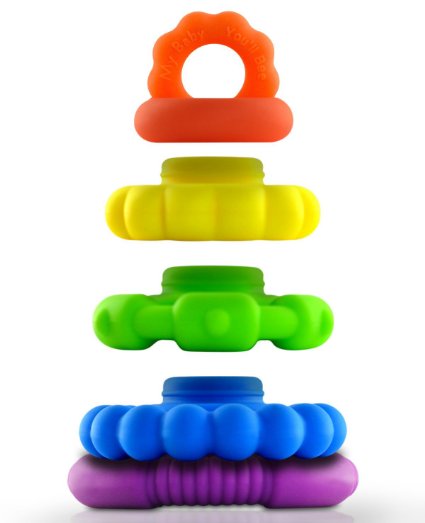Stackable Teether Tower Toy- 5 Piece Interchangeable Set - Premium Food Grade Silicone- Fun, Educational Rings for Your Baby to Grow Into