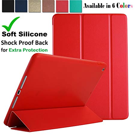 iPad Air Case 1st Gen 9.7 Inch 2013 - Soft Silicone Back (✔For Extra Shock Protection) TriFold Ultra Slim Smart Cover Auto Sleep / Wake, MultiAngle Stand [iPad Air 1st Gen 9.7” ]➤ Soft Back- Red