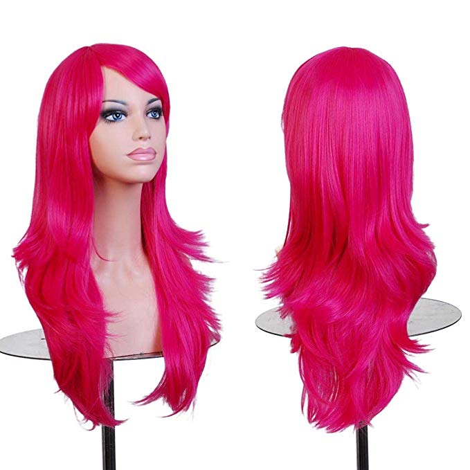 BERON Long Wavy Curly Wig High Standard Silk Female Cosplay Wig with Wig Cap (27'' Rose Red)