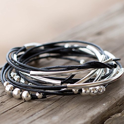 Black size 7.5 Wrap Leather Bracelet With Silver-Tone Beads With Magnetic Clasp For Contemporary Women