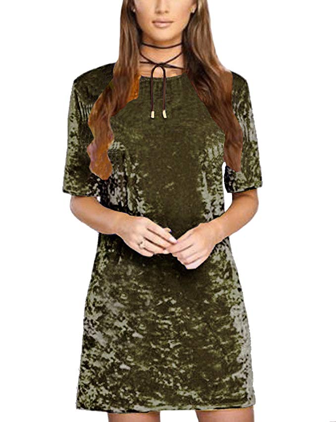 R.Vivimos Women Summer Short Sleeve Crushed Velvet Mini Short Dresses