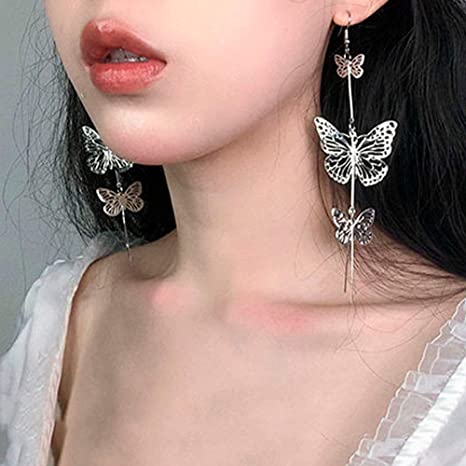 FXmimior Fashion Women Earrings Vintage Silver Butterfly Long Bohemian Long Chain Drop Dangle Earrings Jewelry for Women and Girls