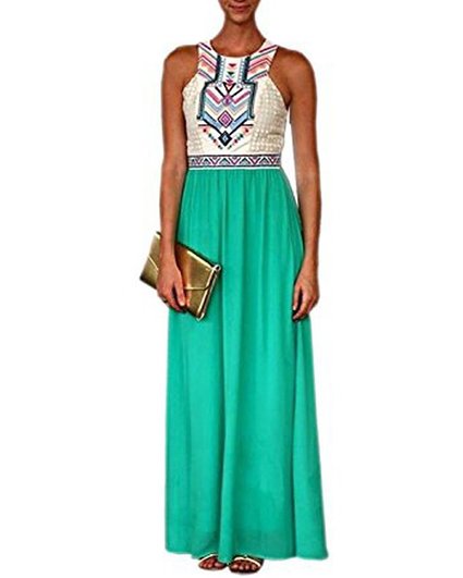POSESHE Women Summer Bohemian Floral Print Full Length Maxi Dress