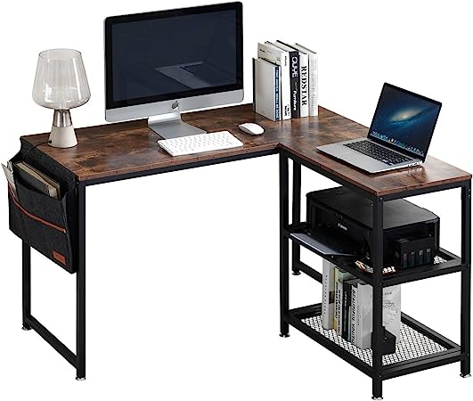 VECELO Vintage Work Station/Writing Computer Laptop Table,L-Shaped Home Office Desk with 2 Open Shelves and Storage Bag,Rustic Brown, x41.3 W x, 47 in x 41.3 in x 30 in ((L x W x H)