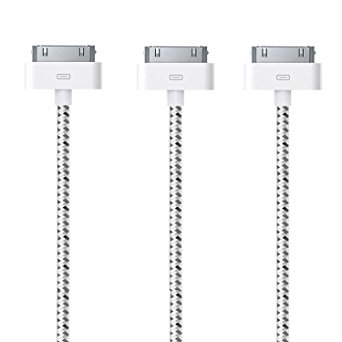 Go Beyond (TM) 6 Feet 30 Pin Nylon Braided Premium USB Charging Data Sync Cable for Apple iPod, iPhone, and iPad (6FT White Nylon, 3 pack)