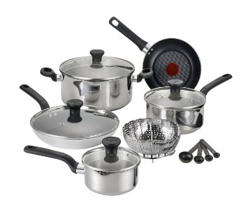 T-fal C911SE Excite Stainless Steel Dishwasher Safe Oven Safe PTFE-PFOA-Free Cookware Set 14-Piece Silver