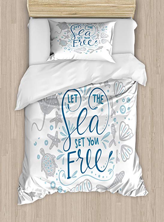 Ambesonne Nautical Twin Size Duvet Cover Set, Let The Sea Set You Free Quote with Shellfish Turtle and Stingray, Decorative 2 Piece Bedding Set with 1 Pillow Sham, Pearl Navy Blue Pale Blue