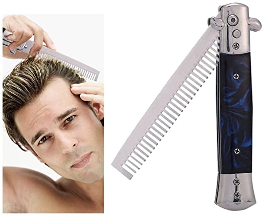 Switchblade Spring Folding Push Button Pocket Comb, Foldable Automatic Stainless Steel Hair Trimmer Combs, Men Oil Hair Styling Accessories(Blue)
