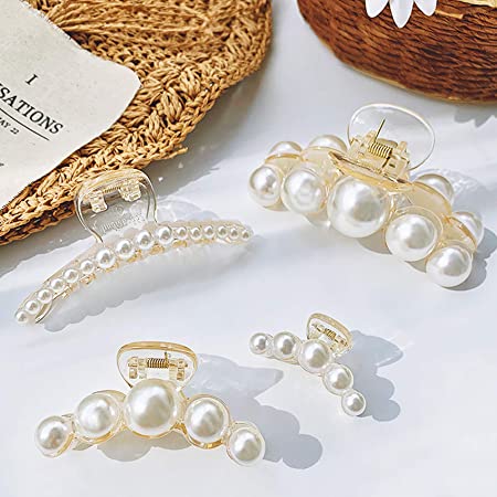 Hair Claw Clips for Women Large Pearl Jaw Clips Fashion Pearl Hair Clips Plastic Hair Catch Hair Barrette Assorted Sizes No-Slip Jaw Clamp Strong Hold for Thick or Fine Hair (4 Packs)