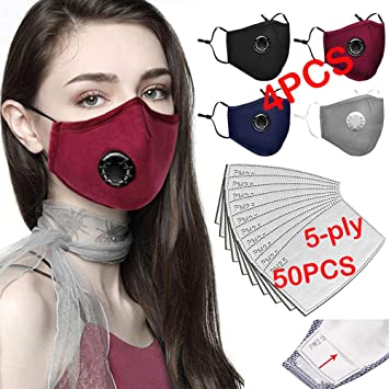 4 PCS Reusable Face Másk Bandanas with Breathing Valve and 50 PCS Non-Woven Activated Carbon Gasket for Adults (4 Color & White)