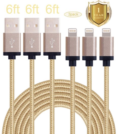 Mscrosmi 3Pack 6ft Nylon Braided Lightning Cable USB Cord Charging Cable for iphone 6s, 6s plus, 6plus, 6,SE,5s 5c 5,iPad Mini, Air,iPad5,iPod. Compatible with iOS9.(Gold)