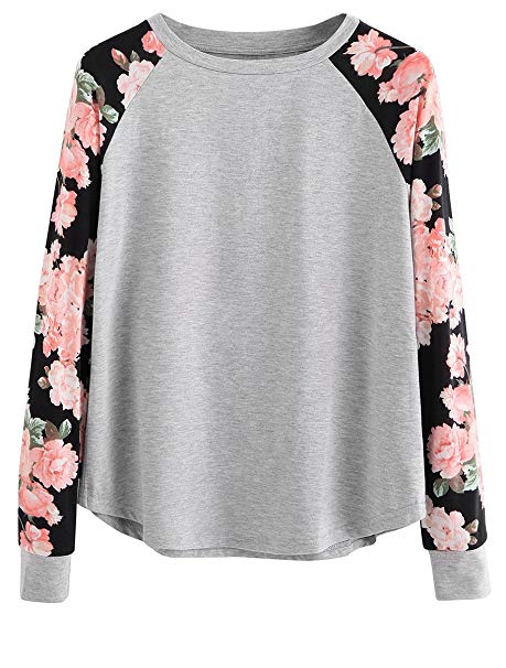 Romwe Women's Long Sleeve Top Casual Floral Print T-Shirt Tee