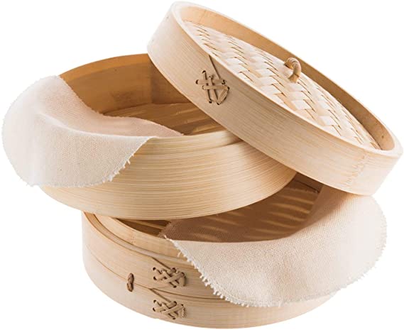 REISHUNGER Bamboo Steamer Handmade Basket, Traditional 2-Tier Design - 8 Inch - For Dumplings, Rice, Dim Sum, Vegetables, Fish and Meat - Incl. 2 Cotton Cloths