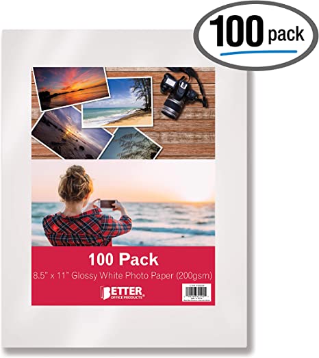 Glossy Photo Paper, 8.5 x 11 Inch, 100 Sheets, by Better Office Products, 200 gsm, Letter Size, 100-Count Pack