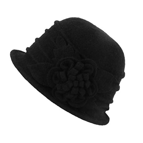 Dantiya Women's Winter Wool Cloche Bucket Hat Slouch Wrinkled Beanie Cap With Flower