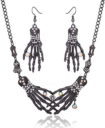 Halloween Necklace Earrings for Women Halloween Gothic Skeleton Collar Choker Necklace Skull Drop Earrings Halloween Jewelry Set