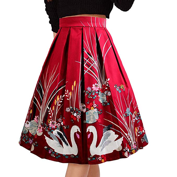 Musever Women's Pleated Vintage Skirts Floral Print Casual Midi Skirt