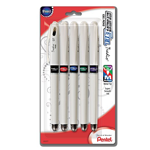 Pentel EnerGel Tradio Pearl Liquid Gel Pen, 0.7mm, Medium Line Capped, Assorted Ink, 5 Pack (BL117WBP5M)