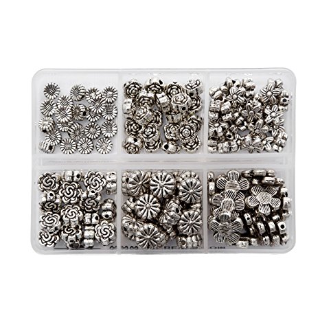 BRCbeads Top Quality Assorted Flower Tibetan Silver Flower Metal Spacer Beads Mix Lot 120pcs per Box For Jewelry Making Findings (Included Plastic Container )