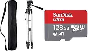 Amazon Basics 152 cm (60-Inch) Lightweight Camera, DSLR and Binocular Tripod with Bag, Black & SanDisk 128GB Ultra microSDXC card   SD adapter up to 140 MB/s with A1 App Performance UHS-I Class 10 U1