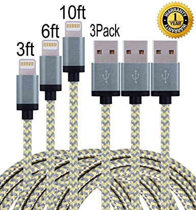 Dufferni 3pcs 3FT 6FT 10FT Lightning Cable Premium Popular Nylon Braided Charging Cable Extra Long USB Cord for iphone 6s, 6s plus, 6plus, 6,5s 5c 5,iPad Mini, Air,iPad5,iPod (Gold with Grey)