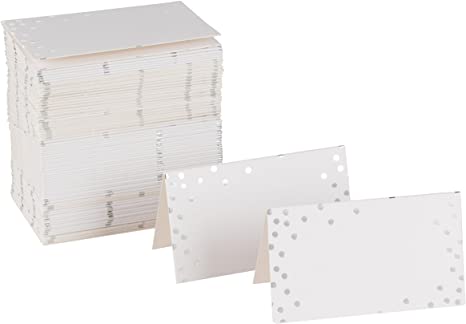Place Cards - 100-Pack Small Tent Cards with Silver Foil Polka Dots, Foldover Table Placecards, Perfect for Weddings, Banquets, Events, Folded 2 x 3.5 Inches