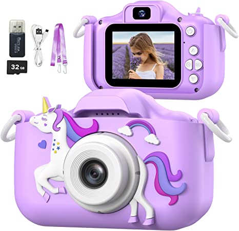 Mgaolo Children's Camera Toys for 3-12 Years Old Kids Boys Girls,HD Digital Video Camera with Protective Silicone Cover,Christmas Birthday Gifts with 32GB SD Card (Purple)