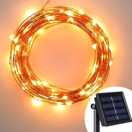Solar Powered Copper Wire Lights - AVAWO® 33ft 100 LEDs Starry String Lights, Copper Wire Lights Ambiance Lighting for Outdoor, Gardens, Homes, Dancing, Christmas Party(Warm White)