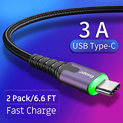 USB Type C Cable Fast Charging with LED Light(3A 2 Pack/6.6FT),Essager Premium Nylon Braided USB C Cord Compatible Samsung Galaxy Note 9,8,S10,S9,S8,Google Pixel 2/3XL,Nintendo Switch-Grey