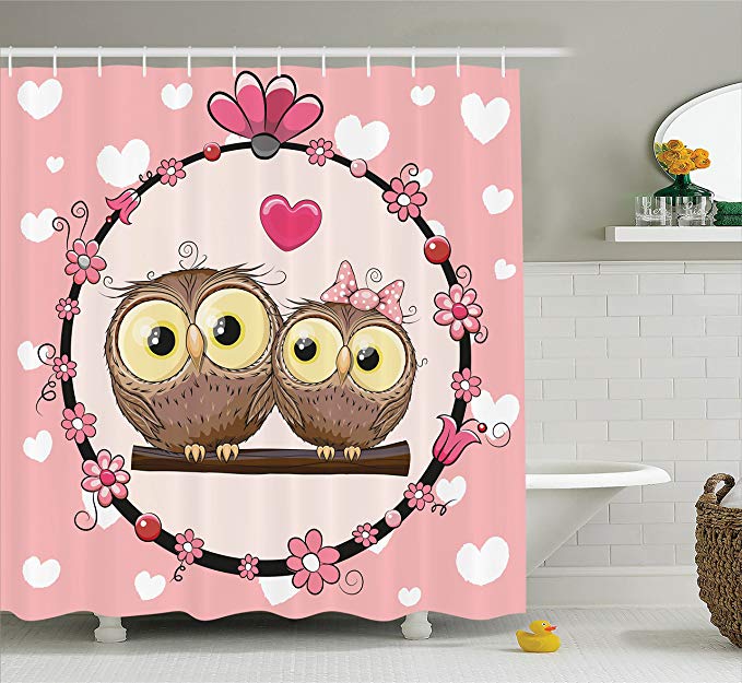 Ambesonne Owls Home Decor Shower Curtain Set, Love Valentine's Owl Couple on Tree Branch Floral Wreath Celebrations Art, Bathroom Accessories, 84 Inches Extralong,