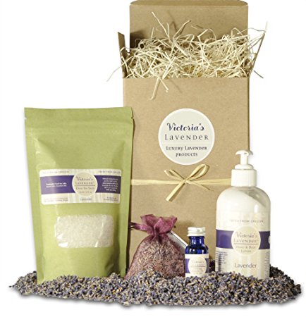 Victoria’s Lavender Luxury Spa Gift Set - Lavender Bath Salts, Luxury Lotion, Lavender Essential Oil, and Sachet- Handmade in USA