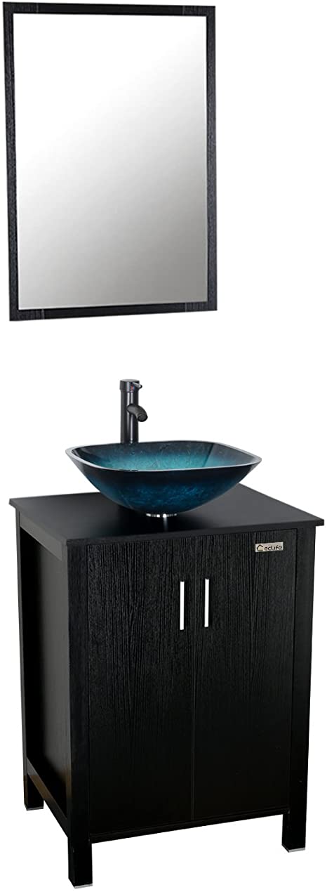 Eclife 24 inch Big Storage Bathroom Vanity Combo Modern MDF Cabinet with Vanity Mirror Tempered Glass Counter Top Vessel Sink with 1.5 GPM Faucet and Pop Up Drain (Contemporary Turquoise Sink)